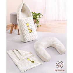 Babyhug Sleeping Bag Feeding Pillow & Blanket Combo Set with Giraffe Embroidery - White | Fits upto waist size 36 inches