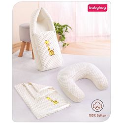 Babyhug Sleeping Bag Feeding Pillow & Blanket Combo Set with Giraffe Embroidery - White