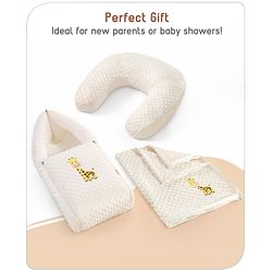 Babyhug Sleeping Bag Feeding Pillow & Blanket Combo Set with Giraffe Embroidery - White | Fits upto waist size 36 inches