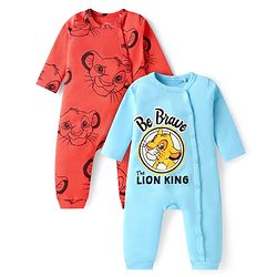Babyhug Disney Interlock Knit Full Sleeves Rompers with Lion King Graphics Pack of 2 - Red & Light Blue