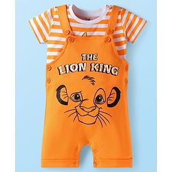 Babyhug Disney Single Jersey Knit Dungaree & Half Sleeves Striped T-Shirt with Lion King Graphic - Orange