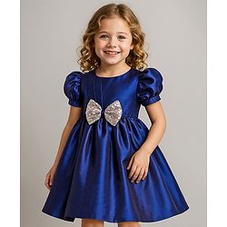 Babyhug Woven Half Puffed Sleeves Fit & Flare Party Frock with Sequin Bow Detailing - Navy Blue