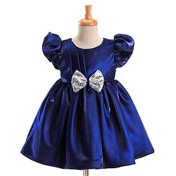 Babyhug Woven Half Puffed Sleeves Fit & Flare Party Frock with Sequin Bow Detailing - Navy Blue