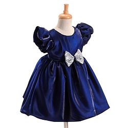 Babyhug Woven Half Puffed Sleeves Fit & Flare Party Frock with Sequin Bow Detailing - Navy Blue