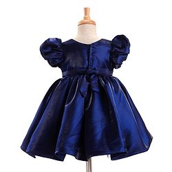 Babyhug Woven Half Puffed Sleeves Fit & Flare Party Frock with Sequin Bow Detailing - Navy Blue