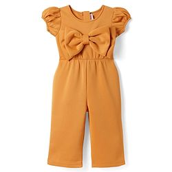 Babyhug Woven Half Puffed Sleeves Party Jumpsuit with Bow Applique - Orange