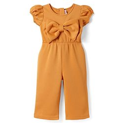 Babyhug Woven Half Puffed Sleeves Party Jumpsuit with Bow Applique - Orange
