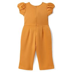 Babyhug Woven Half Puffed Sleeves Party Jumpsuit with Bow Applique - Orange