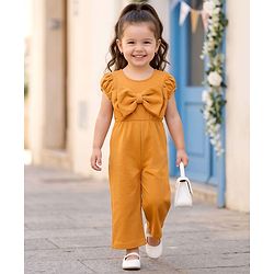 Babyhug Woven Half Puffed Sleeves Party Jumpsuit with Bow Applique - Orange
