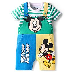 Babyhug Disney Single Jersey Knit Cut & Sew Dungaree & Half Sleeves Striped T-Shirt with Mickey Mouse Graphics - Multicolor
