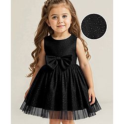Babyhug Woven Sleeveless Shimmer Party Dress with Bow Applique - Black