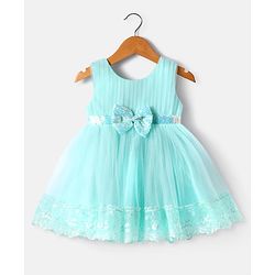 Babyhug Woven Sleeveless Mesh Party Dress With Lace Detailing & Bow Applique - Mint
