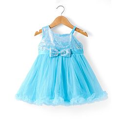 Babyhug Woven Sleeveless Party Dress With Sequinned Yoke & Bow Applique - Light Blue