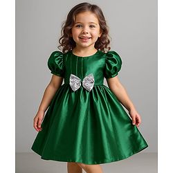 Babyhug Woven Half Puffed Sleeves Party Dress With Bow Applique & Sequin Detailing - Dark Green