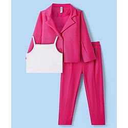 Babyhug Woven Full Sleeves Solid Colour  Blazer with Top & Trouser Set - Pink