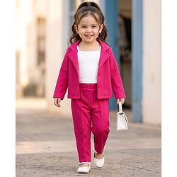 Babyhug Woven Full Sleeves Solid Colour  Blazer with Top & Trouser Set - Pink