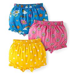 Babyhug 100% Cotton Bloomer with Floral & Polka Dot Print Pack of 3 - Blue Pink & Yellow