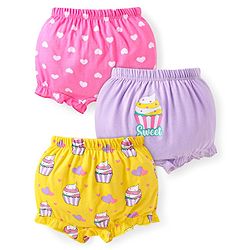 Babyhug 100% Cotton Knit Heart & Cup Cake Printed Bloomers Pack of 3 - Yellow Pink & Lilac
