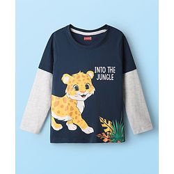 Babyhug Cotton Knit Full Doctor Sleeves T-Shirt with Cub Print - Navy Blue