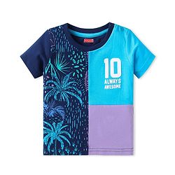 Babyhug Cotton Knit Half Sleeves Cut & Sew T-Shirt with Jungle & Text Print - Navy Blue & Purple