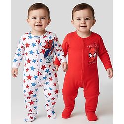 Babyhug Marvel Interlock Knit Full Sleeves Footed Sleep Suits With Spider-Man Graphics Pack of 2 - Red & White