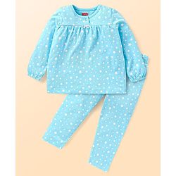 Babyhug Cotton Knit Full Sleeves Night Suit Star Print- Light Blue