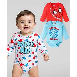 Babyhug Marvel Interlock Knit Full Sleeves Onesies With Spiderman Graphics Pack of 3 - Light Blue Red & White