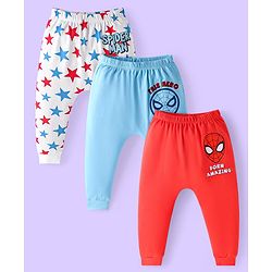 Babyhug Marvel Interlock Knit Full Length Diaper Leggings with Spiderman Graphics Pack of 3 - Red Light Blue & White