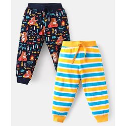 Babyhug Single Jersey Full Length Lounge Pants with Strips & Safari Theme Print Pack of 2 - Yellow & Navy Blue