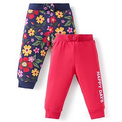 Babyhug Single Jersey Knit Full Length Lounge Pants with Floral & Text Print Pack of 2 - Navy Blue & Red