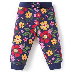Babyhug Single Jersey Knit Full Length Lounge Pants with Floral & Text Print Pack of 2 - Navy Blue & Red