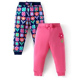 Babyhug Single Jersey Knit Full Length Lounge Pants with Floral Print & Bow Pack Of 2 - Pink Navy Blue