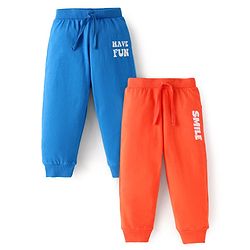 Babyhug Single Jersey Knit Full Length Lounge Pants with Text Print Pack of 2 - Orange & Blue