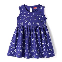 Babyhug Single Jersey Knit Sleeveless Frock With Floral Print - Navy Blue
