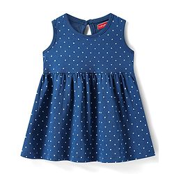 Babyhug Single Jersey Knit Sleeveless Frock With Polka Dot Print - Teal Blue