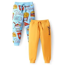 Babyhug Single Jersey Knit Full Length Lounge Pants with Yummy Print Pack of 2 - Yellow & Light Blue