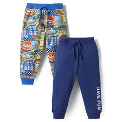 Babyhug Single Jersey Full Length Lounge Pants with Animal & Text Print Pack Of 2 - Blue & Navy Blue