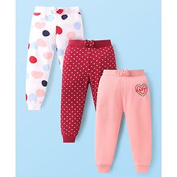 Babyhug Single Jersey Knit Full Length Lounge Pants with Heart & Polka Dot Print and a Bow Applique Pack Of 3 - Pink Maroon & White