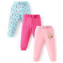 Babyhug Single Jersey Knit Full Length Lounge Pants with Bow Polka Dots & Floral Prints Pack of 3 - Light Pink Light Blue & Dark Pink