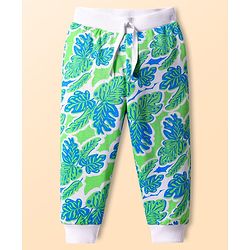Babyhug Single Jersey Knit Full Length Lounge Pant With Leaf Print - Green & Blue