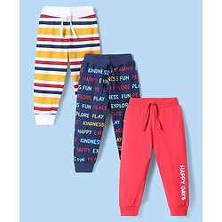 Babyhug Single Jersey Knit Full Length Lounge Pants With Stripes & Text Print Pack of 3 - Navy Blue Pink & White