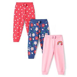 Babyhug Single Jersey Knit Full Length Hearts & Floral Printed Lounge Pants with Bow Applique Pack of 3 - Red Blue & Pink