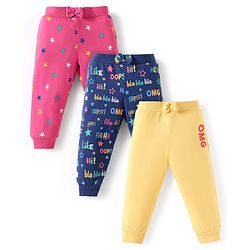 Babyhug Single Jersey Knit Full Length Lounge Pants with Bow Applique & Text Print Pack of 3 - Pink Navy Blue & Yellow