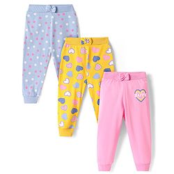 Babyhug Single Jersey Knit Full Length Hearts & Polka Dots Printed Lounge Pants with Bow Applique Pack of 3 - Yellow Light Blue & Pink