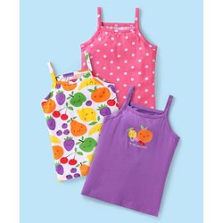 Babyhug 100% Cotton Knit Singlet Sleeves Polka Dots & Fruit Printed Slips Pack of 3 - Purple White & Pink
