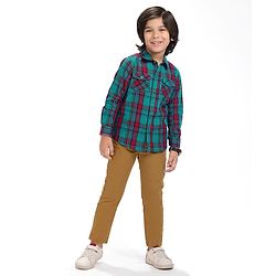 Babyhug Cotton Woven Full Sleeves Checks Shirt & Trouser Set - Teal Blue & Khaki