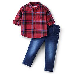 Babyhug Cotton Woven Full Sleeves Checkered Shirt & Solid Denim Jeans Set - Red & Blue