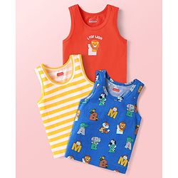 Babyhug Single Jersey Knit Sleeveless Sando Vests with Animal Print & Stripes Pack of 3 - Blue Red & White