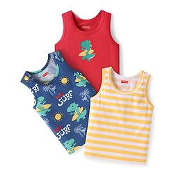 Babyhug 100% Cotton Sleeveless Sandos Striped & Dino Print Pack of 3 - Red Navy Blue Yellow