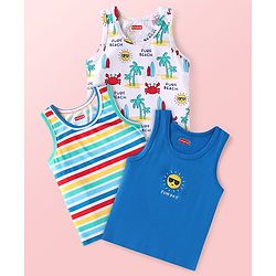 Babyhug Single Jersey Knit Sando Vests With Beach Theme Print Pack of 3 - Blue